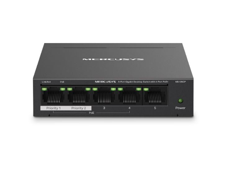 Mercusys MS105GP 5-Port Gigabit Desktop Switch with 4-Port PoE+, 10/100/1000 Mbps RJ45 ports, Up to 250 m Mercusys MS105GP 5-Port Gigabit Desktop Switch with 4-Port PoE+, 10/100/1000 Mbps RJ45 ports, Up to 250 m